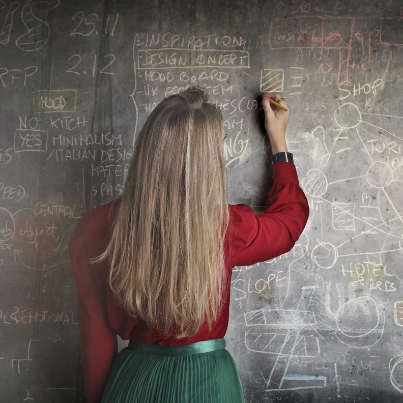A teacher writes on the blackboard with chalk