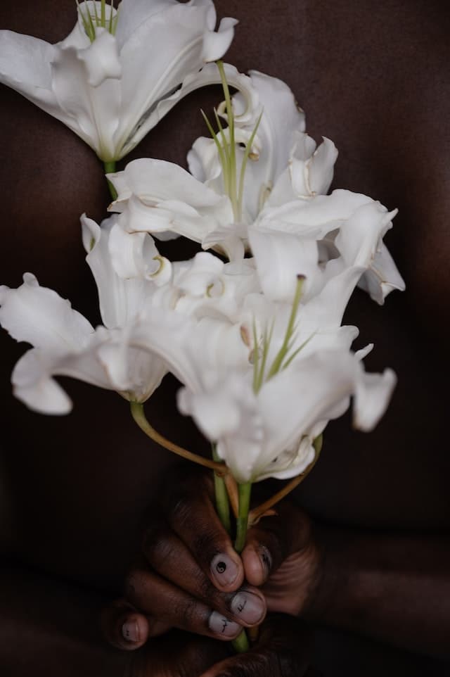Stock photo of a small bouquet of lilies being held by a hand of a dark skinned person.